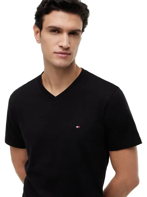 Plain Cotton V-neck Short Sleeve T-shirt 3 Image
