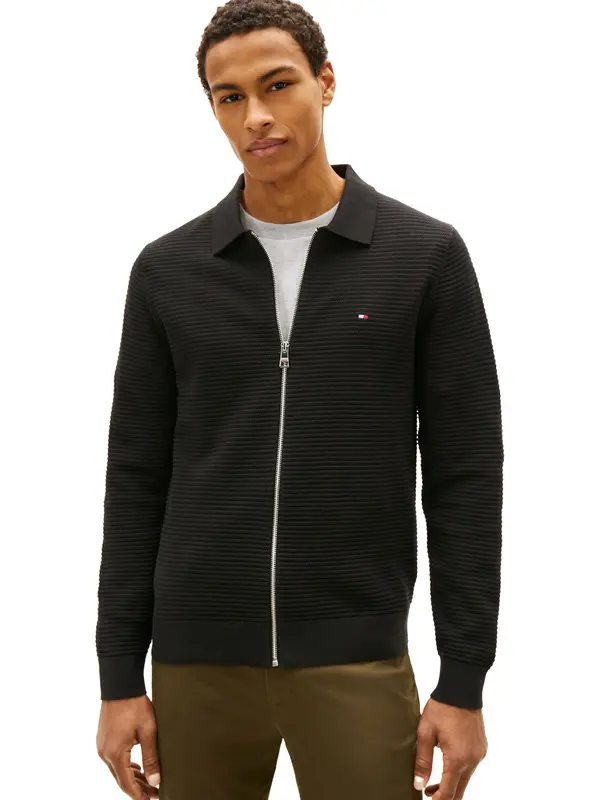 Textured Knit Zip-Thru Polo Cardigan 1 Image