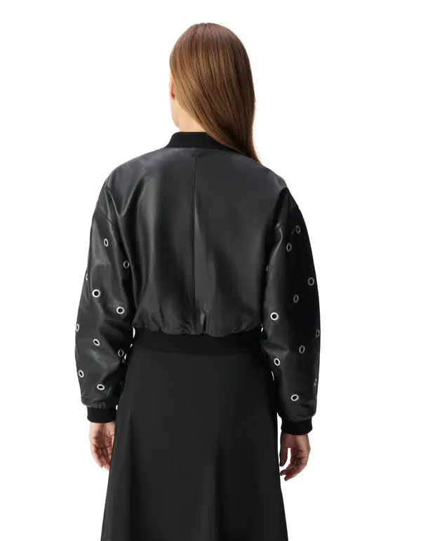 Leather Short Bomber Jacket with Maxi Eyelet Design 2 Image