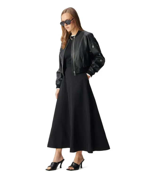 Leather Short Bomber Jacket with Maxi Eyelet Design 3 Image