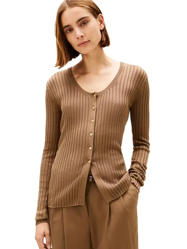 Cotton Rayon Rib Scoop Cardigan Sweater 3 Image