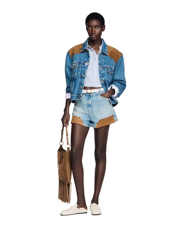 Riveted Denim & Suede Shorts 1 Image