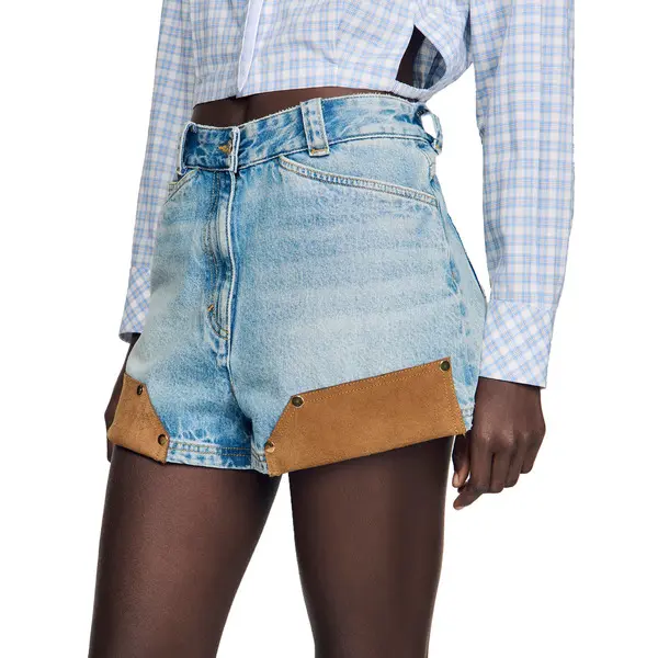 Riveted Denim & Suede Shorts 2 Image
