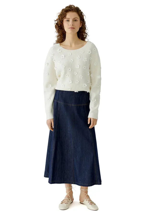 Tailored Cut A-line Denim Midi Skirt 1 Image