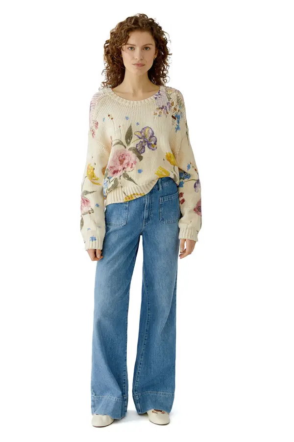 Soft Cotton Floral Pullover with Knitted Cuffs 1 Image
