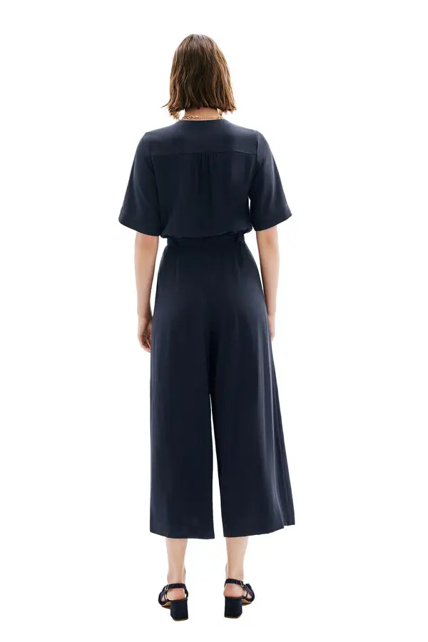 V-Neck Short Sleeve Jumpsuit with Gold Buckle Belt 1 Image