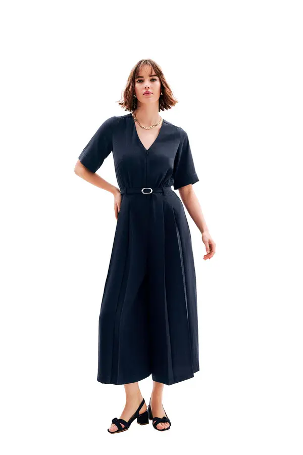 V-Neck Short Sleeve Jumpsuit with Gold Buckle Belt 3 Image