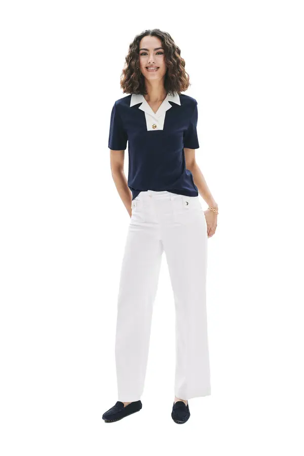 Bi-Color Short Sleeve Knit Top with Gold Button Detail 1 Image