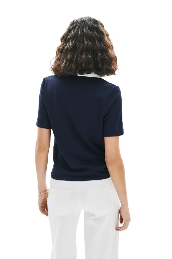 Bi-Color Short Sleeve Knit Top with Gold Button Detail 3 Image