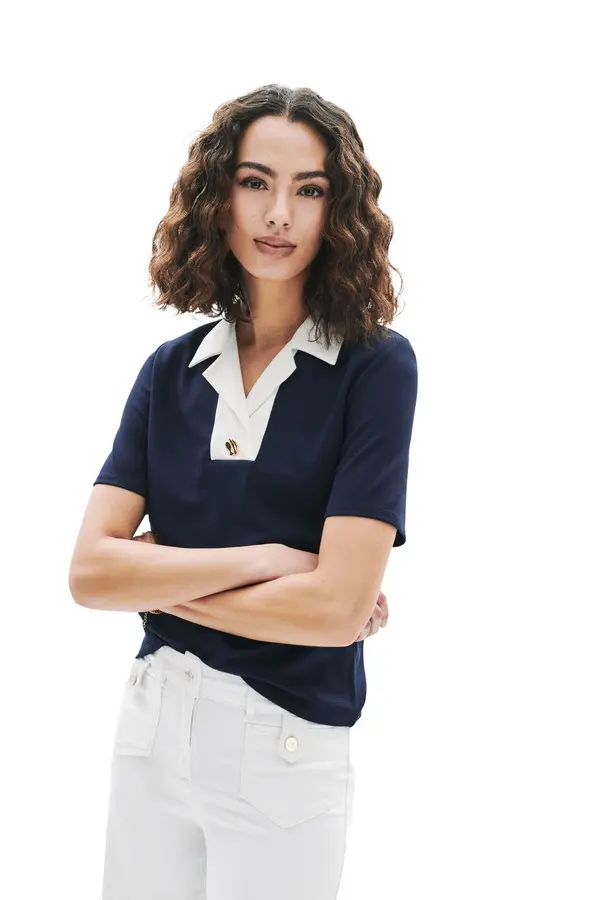 Bi-Color Short Sleeve Knit Top with Gold Button Detail 4 Image