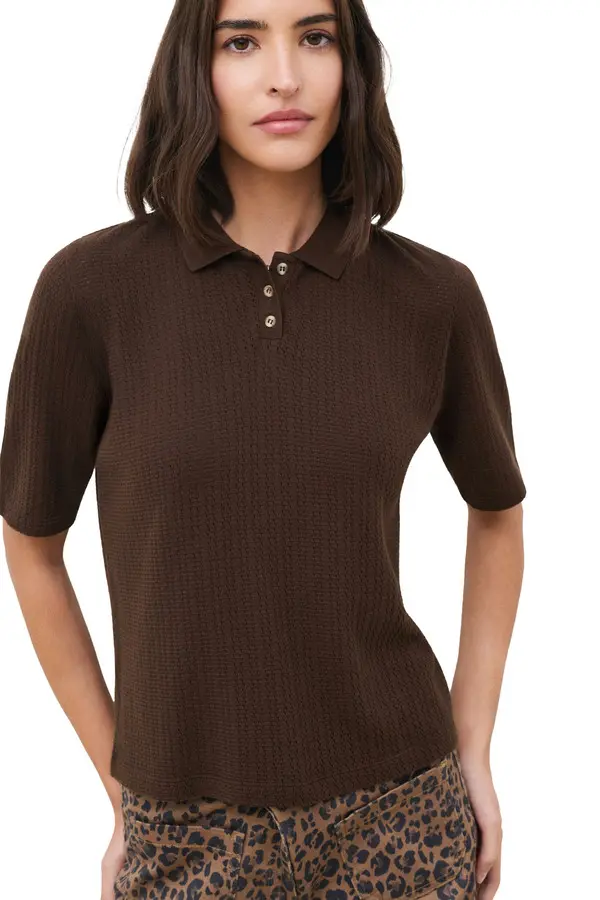 Short-Sleeved Pointelle Knit Polo Top 2 Image