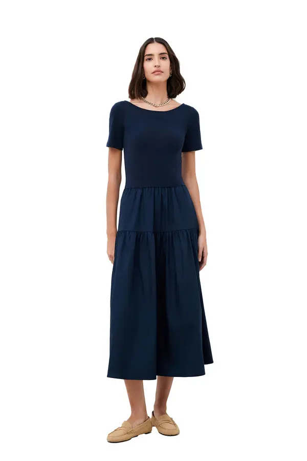 Short-Sleeve Dress with Flounced Skirt 1 Image