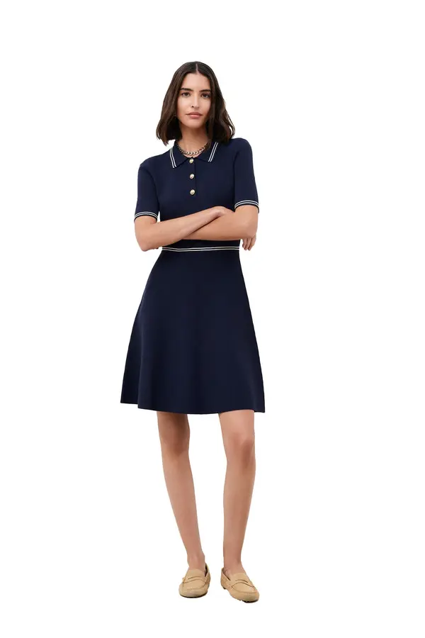 Fit-and-Flare Knit Dress with Gold Button Placket 3 Image