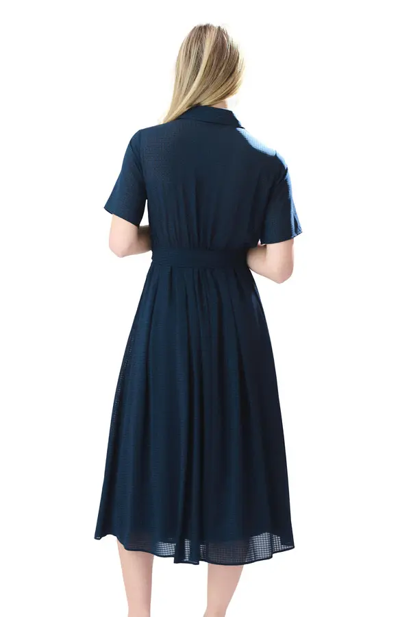 Textured Short-Sleeve Midi Dress with Buckle Detail 1 Image