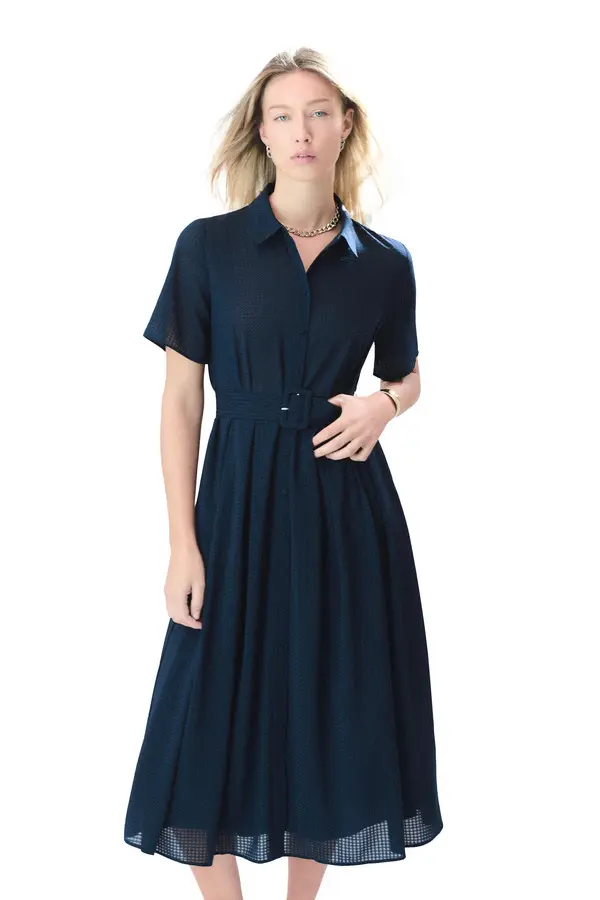 Textured Short-Sleeve Midi Dress with Buckle Detail 2 Image