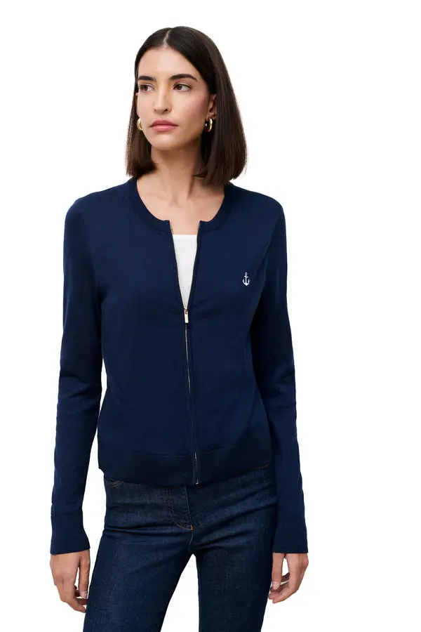 Zip-Up Cardigan with Anchor Embroidery 3 Image