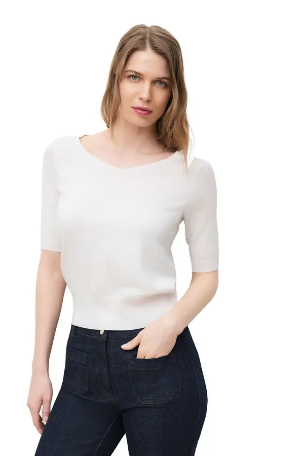 Short-Sleeve Sweater with Ribbed Trim 2 Image