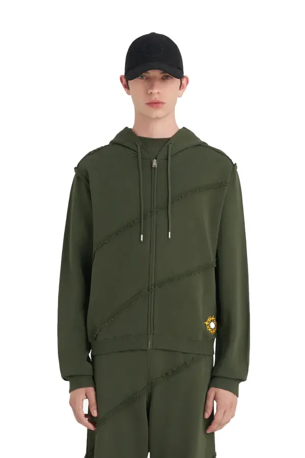 Slim zip Hoodie with Diagonal non Brused Details on Shoulders  1 Image