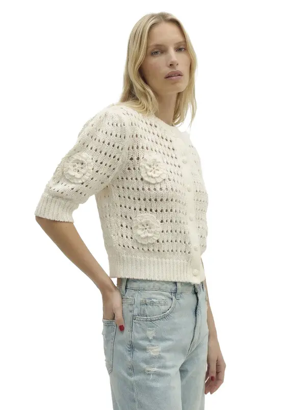 Short-Sleeved Round-Neck Cotton Cardigan With Flowers 2 Image