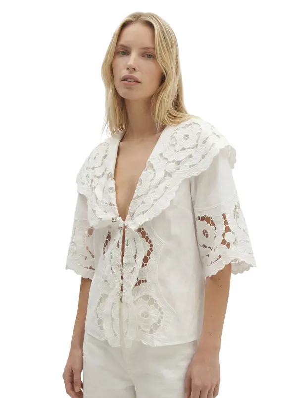 Shawl-Collar Shirt with Broderie Anglaise 2 Image