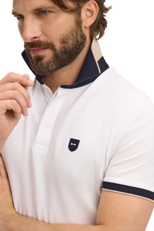 Slim Fit Cotton Short-Sleeve Polo With Navy Panels  2 Image