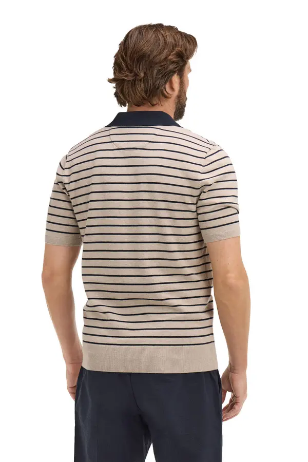 Short-Sleeve Striped Polo Collar Cotton Sweater 2 Image