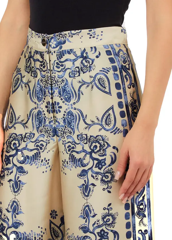 Satin Wide Leg Trousers with Foulard Print  3 Image