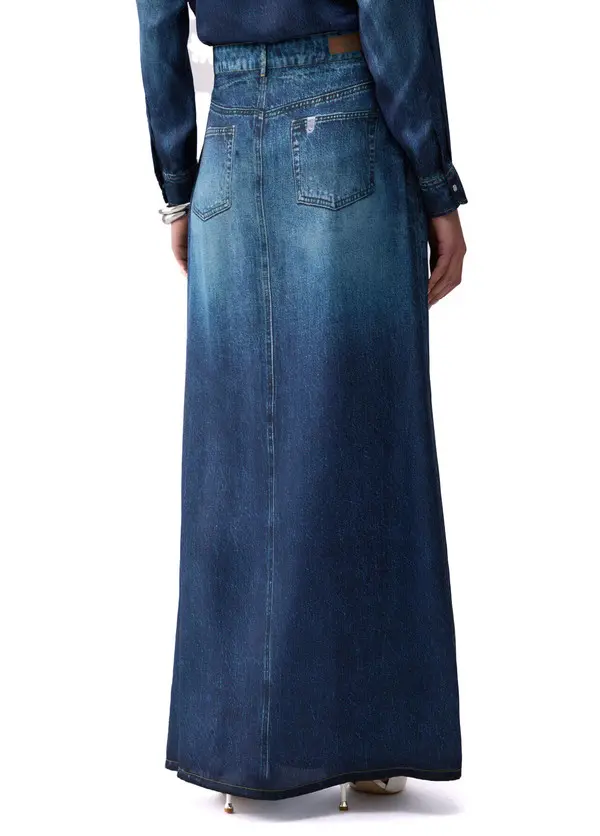Long Flowing Skirt With Digital Denim Print  & Slit 1 Image