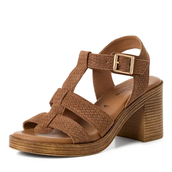 Woven Suede T-Strap Block Heel Slingback Sandals 1 Image