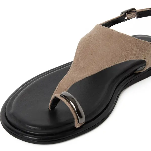 Leather T-Strap Toe-Loop Flat Sandals 3 Image