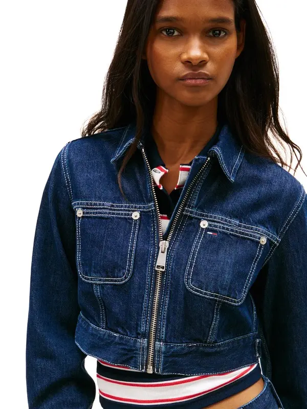 Cropped Denim Jacket with Contrast Stitching 1 Image