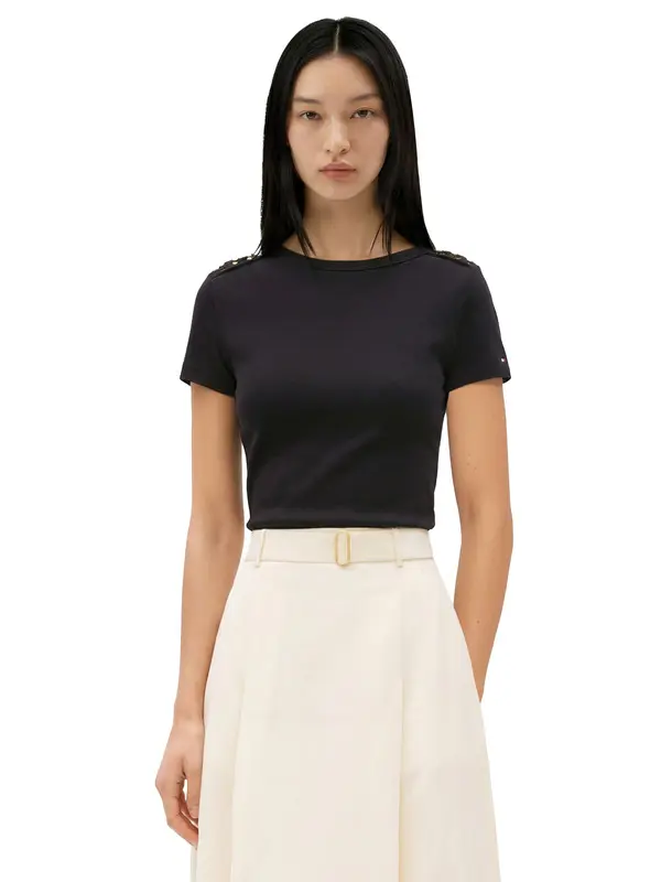 Gold-Tone Button Slim Boat Neck T-Shirt 3 Image