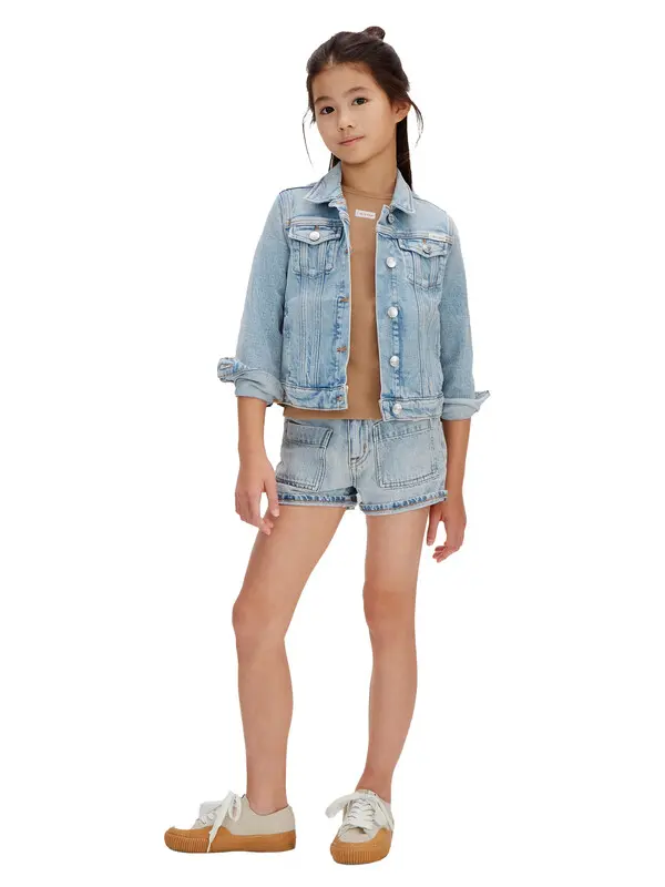 Kids Girls High Rise Patch Pocket Denim Shorts 4 Image