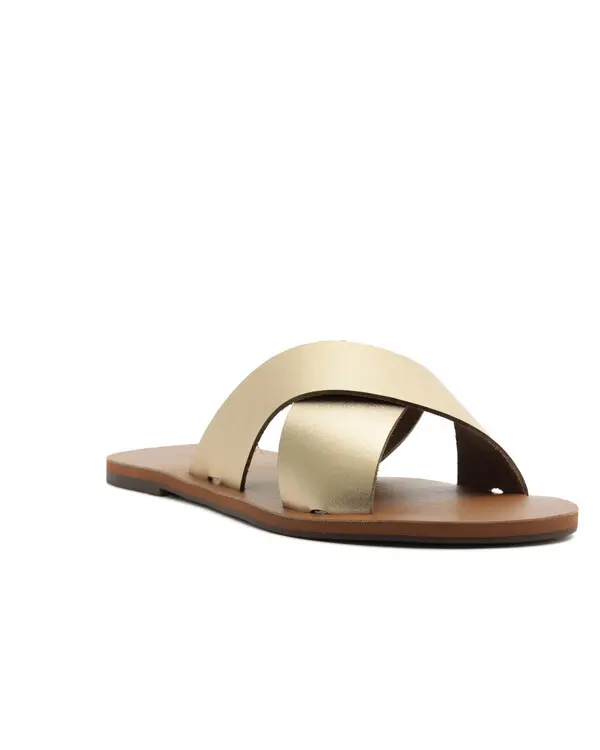 Gold Leather Flat Slipper with Crossed Straps 1 Image