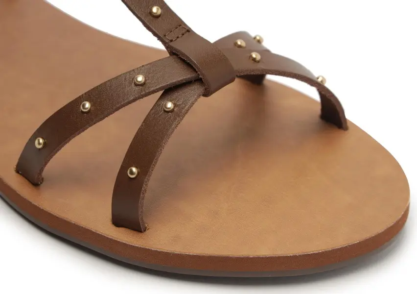 Brown Leather Gladiator Flat Sandal with Studs 2 Image