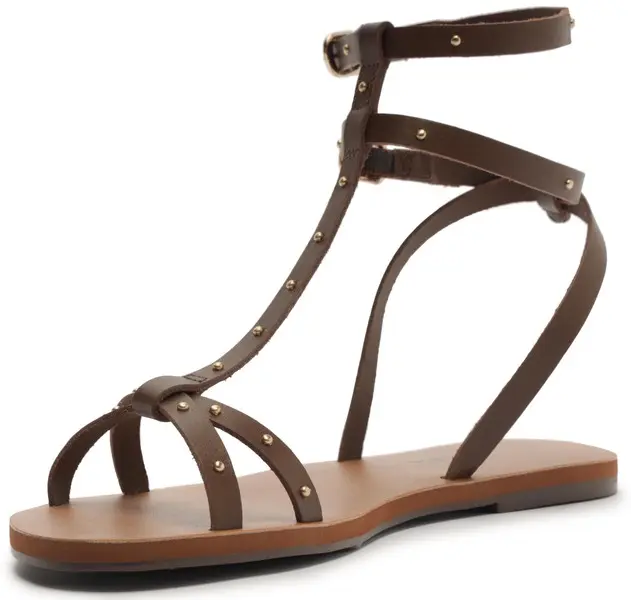 Brown Leather Gladiator Flat Sandal with Studs 4 Image