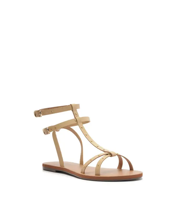Beige Leather Gladiator Flat Sandal with Studs 1 Image