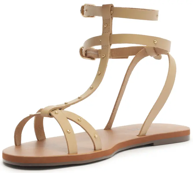Beige Leather Gladiator Flat Sandal with Studs 5 Image