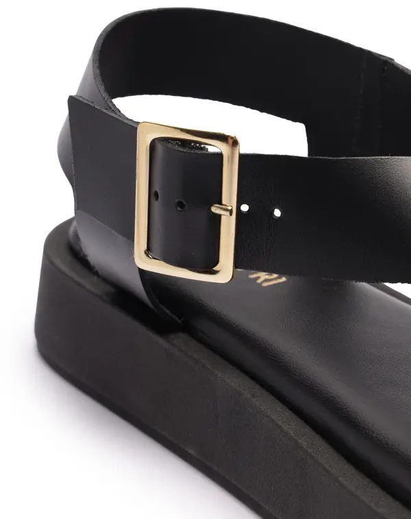 Black Soft Leather Flatform Thong Sandal with Ankle Strap 1 Image