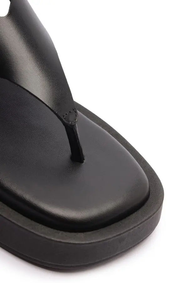 Black Soft Leather Flatform Thong Sandal with Ankle Strap 2 Image