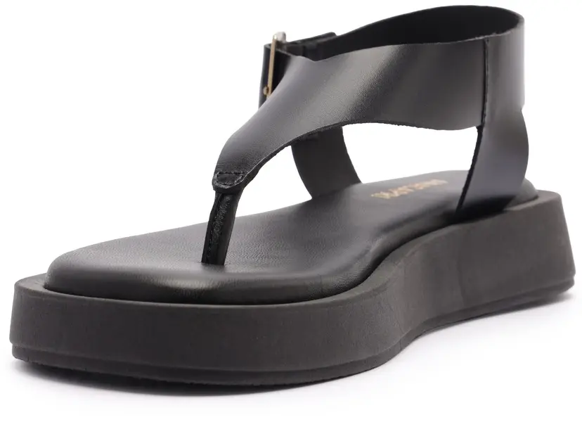 Black Soft Leather Flatform Thong Sandal with Ankle Strap 4 Image