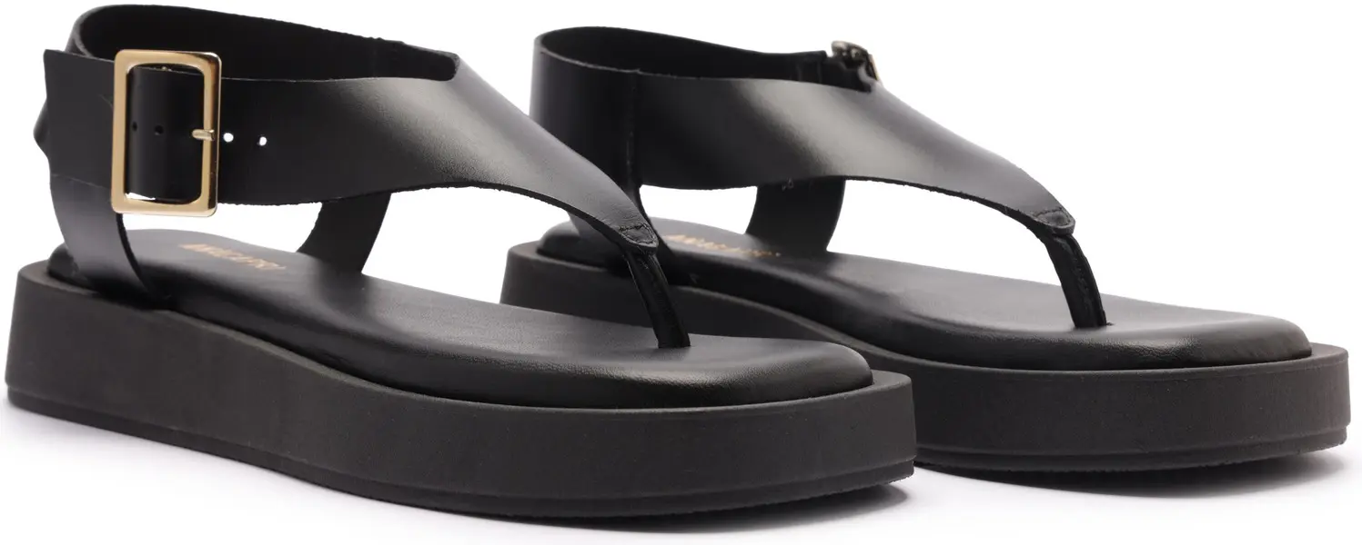 Black Soft Leather Flatform Thong Sandal with Ankle Strap 5 Image