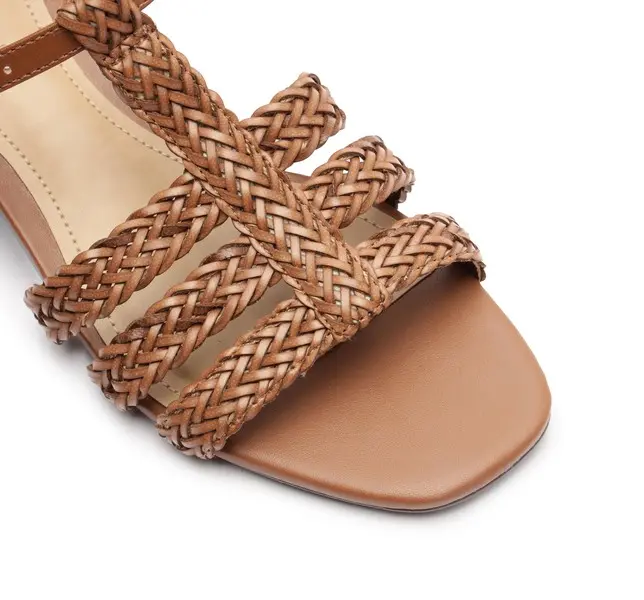 Brown Braided T-Strap Block Heel Leather Sandals 1 Image