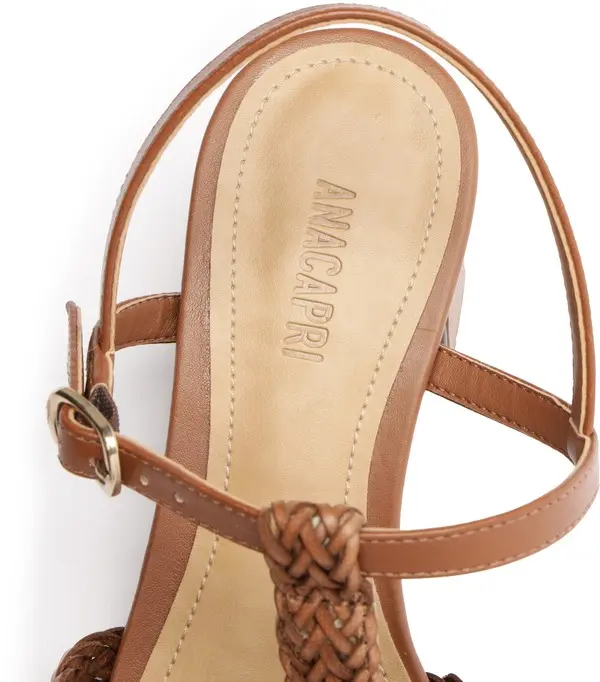 Brown Braided T-Strap Block Heel Leather Sandals 2 Image