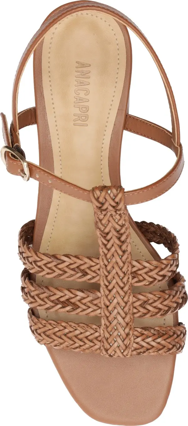 Brown Braided T-Strap Block Heel Leather Sandals 3 Image
