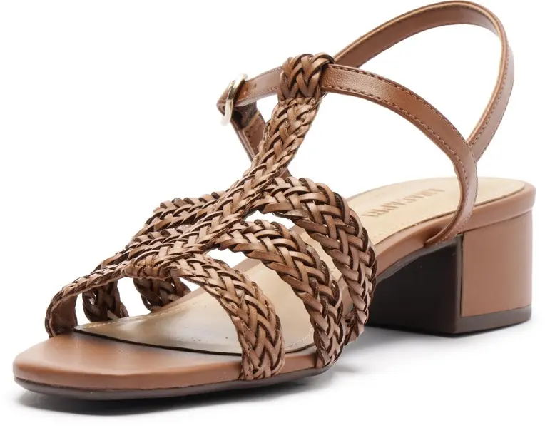 Brown Braided T-Strap Block Heel Leather Sandals 4 Image