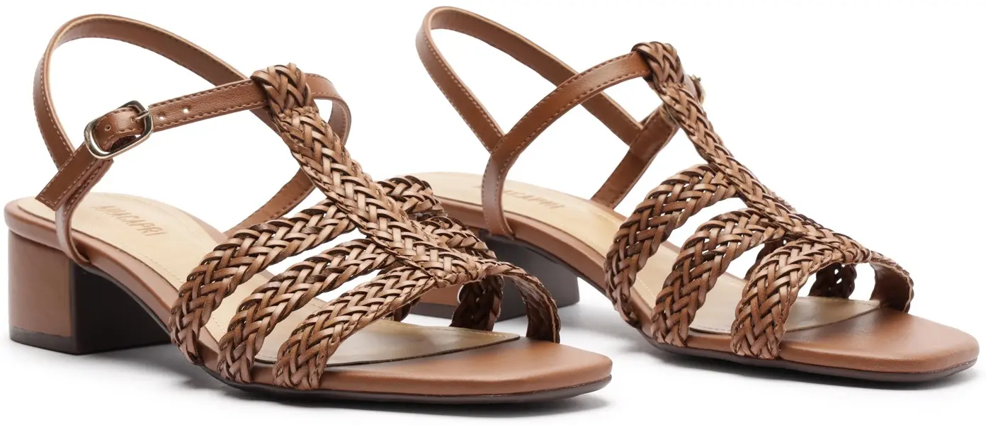 Brown Braided T-Strap Block Heel Leather Sandals 5 Image