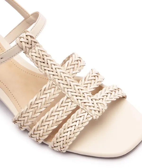 White Braided T-Strap Block Heel Leather Sandals 1 Image