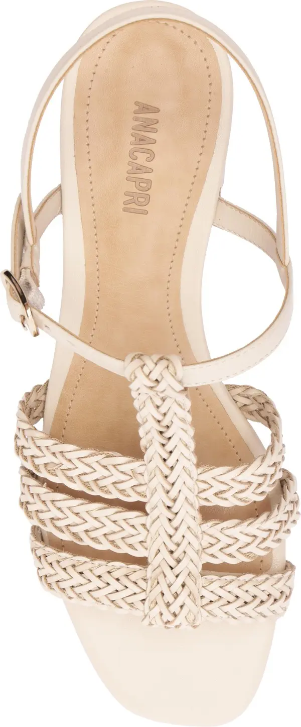 White Braided T-Strap Block Heel Leather Sandals 3 Image