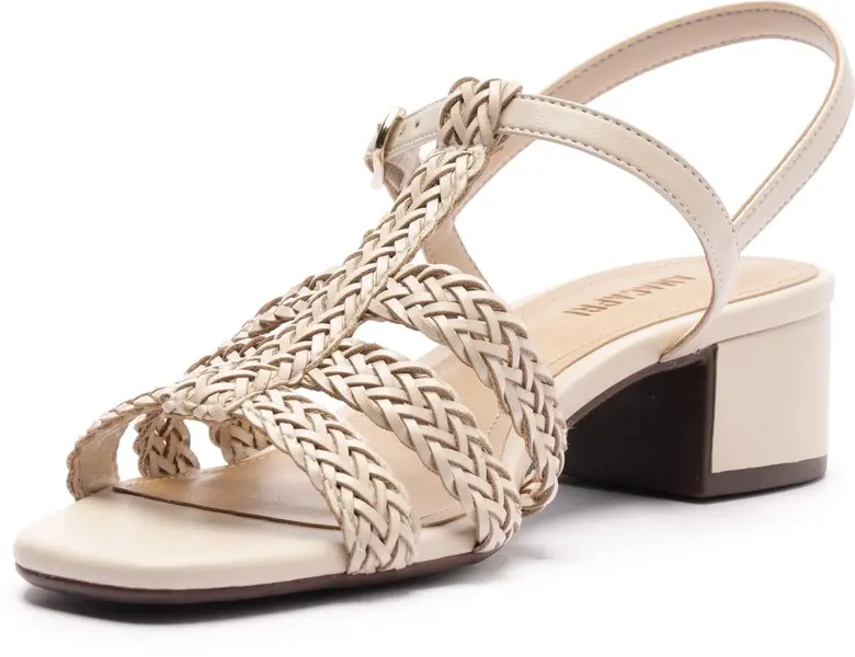 White Braided T-Strap Block Heel Leather Sandals 4 Image